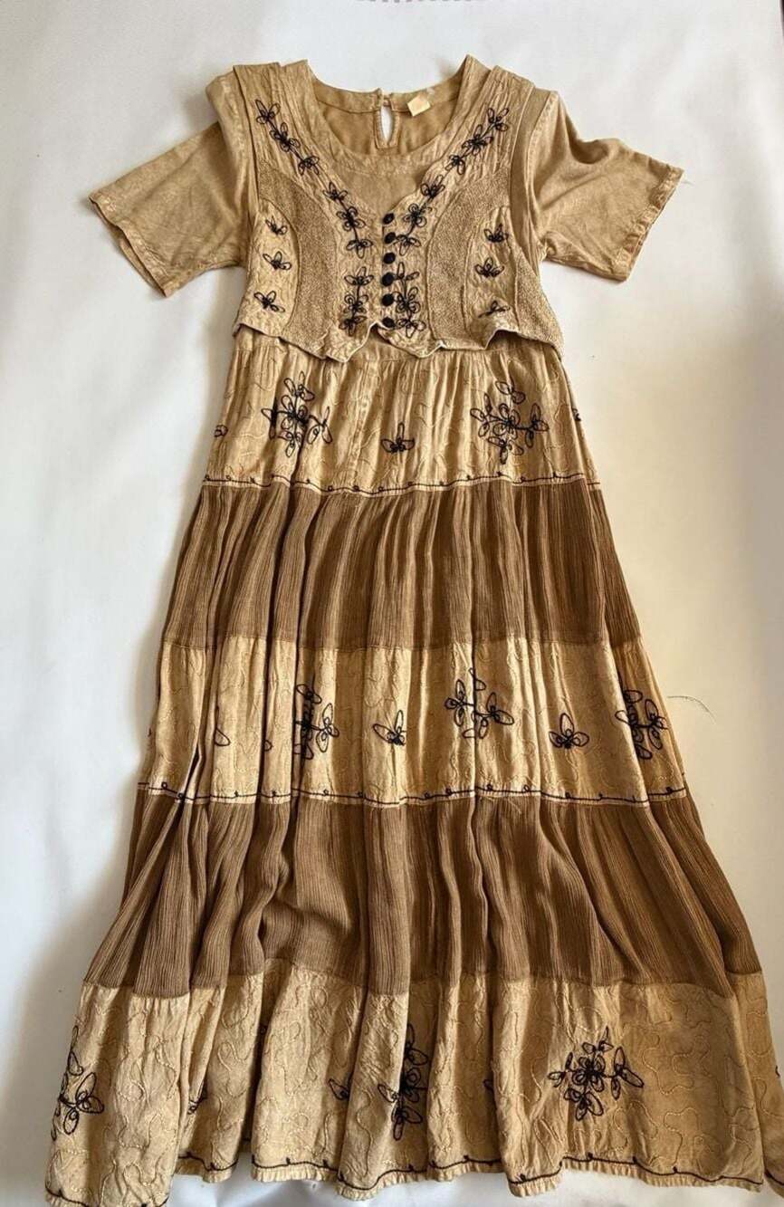 Vintage Boho Dress Tan Brown Embroidered Butterfly Tiered Maxi Hippie Rayon